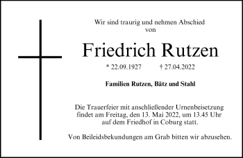 Traueranzeige von Friedrich Rutzen von Neue Presse Coburg