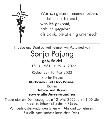 Traueranzeige von Sonja Pajung von Frankenpost