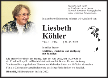 Traueranzeige von Liesbeth Köhler von Südthüringer Presse