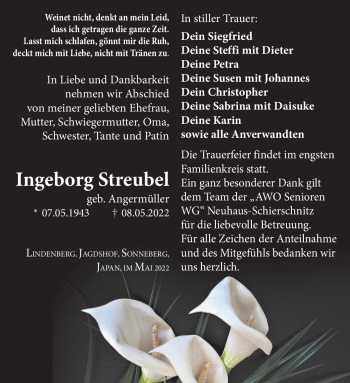 Traueranzeige von Ingeborg Streubel von Südthüringer Presse