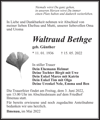Traueranzeige von Waltraud Bethge von Südthüringer Presse
