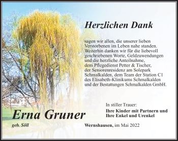 Traueranzeige von Erna Gruner von Südthüringer Presse