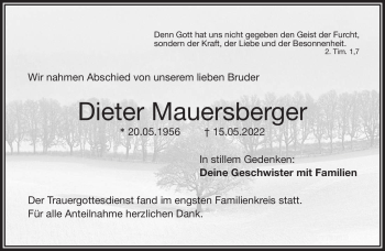 Traueranzeige von Dieter Mauersberger von Frankenpost