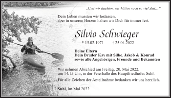 Traueranzeige von Silvio Schwieger von Südthüringer Presse