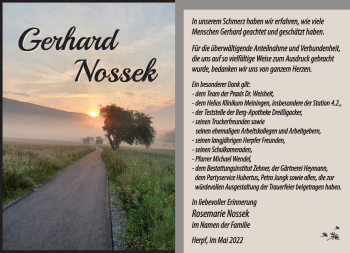 Traueranzeige von Gerhard Nossek von Südthüringer Presse