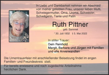 Traueranzeige von Ruth Pittner von Frankenpost