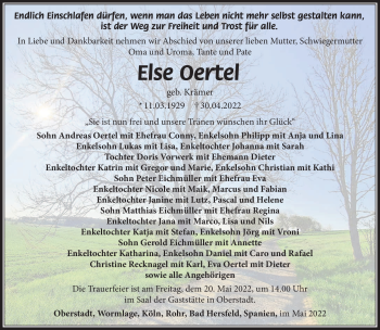Traueranzeige von Else Oertel von Südthüringer Presse