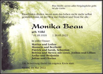 Traueranzeige von Monka Beau von Südthüringer Presse