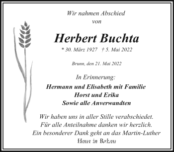 Traueranzeige von Herbert Buchta von Frankenpost