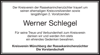 Traueranzeige von Werner Schlegel von Frankenpost