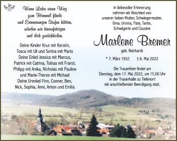 Traueranzeige von Marlene Bremer von Südthüringer Presse