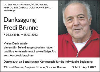 Traueranzeige von Fredi Brunne von Südthüringer Presse