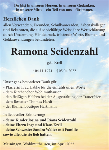 Traueranzeige von Ramona Seidenzahl von Südthüringer Presse