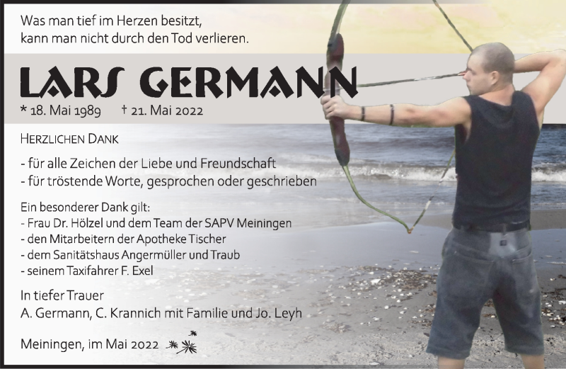  Traueranzeige für Lars Germann vom 28.05.2022 aus Südthüringer Presse
