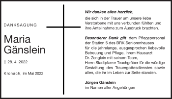 Traueranzeige von Maria Gänslein von Neue Presse Coburg