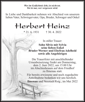 Traueranzeige von Herbert Heinz von Südthüringer Presse
