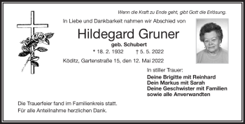 Traueranzeige von Hildegard Gruner von Frankenpost