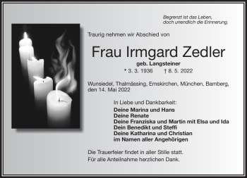Traueranzeige von Irmgard Zedler von Frankenpost