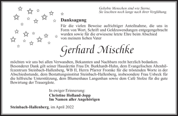 Traueranzeige von Gerhard Mischke von Südthüringer Presse