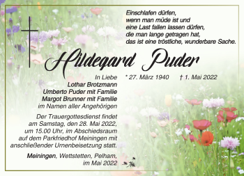 Traueranzeige von Hildegard Puder von Südthüringer Presse
