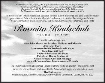 Traueranzeige von Roswitha Kindschuh von Südthüringer Presse
