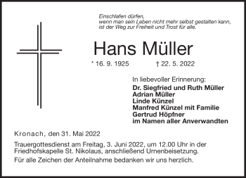 Traueranzeige von Hans Müller von Neue Presse Coburg