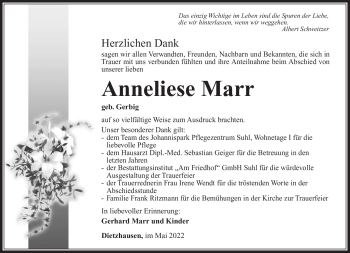 Traueranzeige von Anneliese Marr von Südthüringer Presse