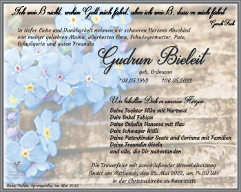 Traueranzeige von Gudrun Bieleit von Südthüringer Presse