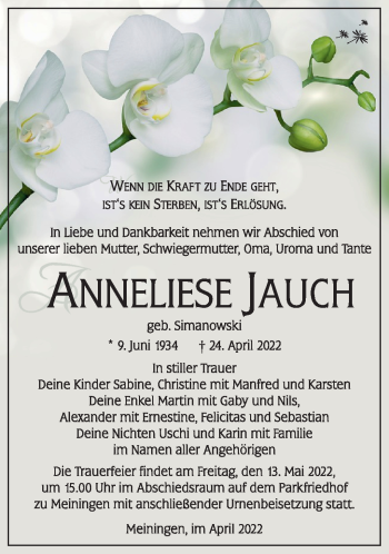 Traueranzeige von Anneliese Jauch von Südthüringer Presse