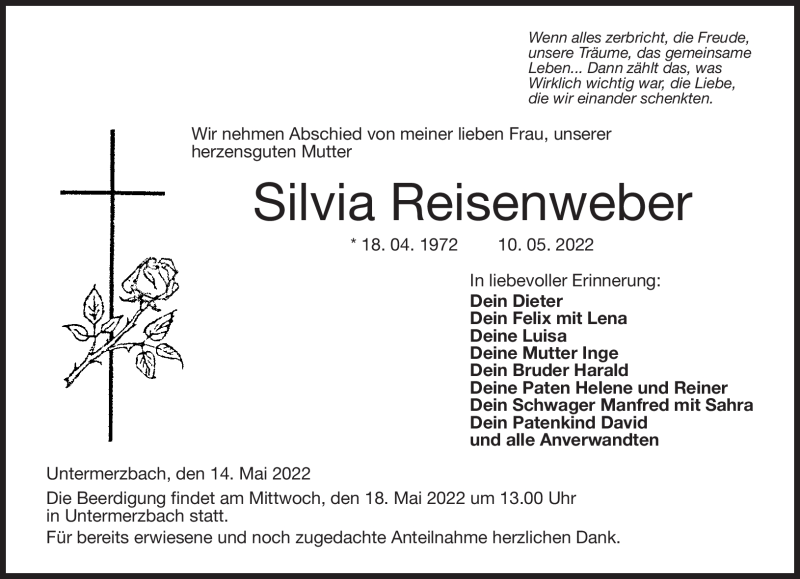  Traueranzeige für Silvia Reisenweber vom 14.05.2022 aus Neue Presse Coburg