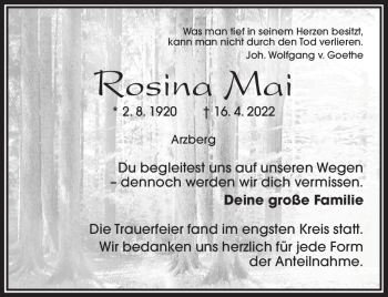 Traueranzeige von Rosina Mai von Frankenpost