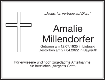 Traueranzeige von Amalie Millendorfer von Frankenpost