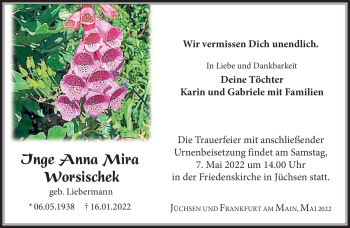 Traueranzeige von Inge Anna Mira Worsischek von Südthüringer Presse