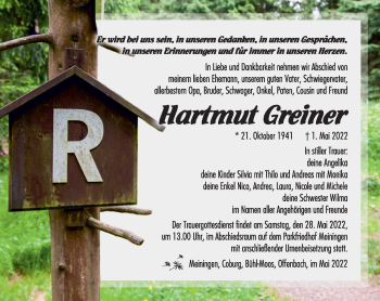 Traueranzeige von Hartmut Greiner von Südthüringer Presse