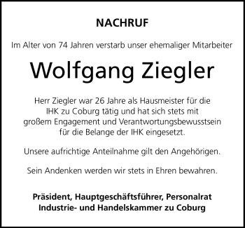 Traueranzeige von Wolfgang Ziegler von Neue Presse Coburg