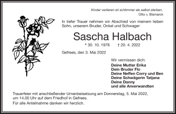 Traueranzeige von Sascha Halbach von Frankenpost