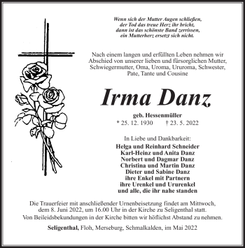 Traueranzeige von Irma Danz von Südthüringer Presse
