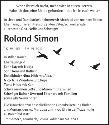 Traueranzeige von Roland Simon von Südthüringer Presse