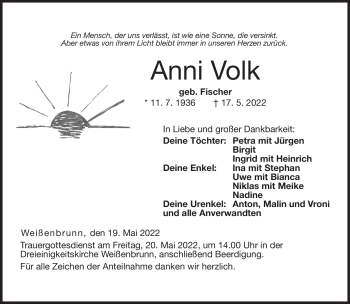 Traueranzeige von Anni Volk von Neue Presse Coburg