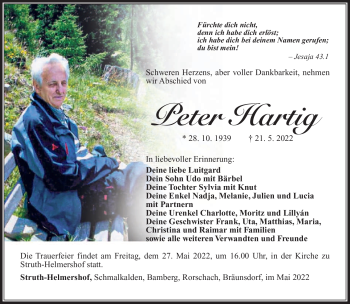 Traueranzeige von Peter Hartig von Südthüringer Presse