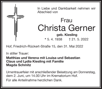 Traueranzeige von Christa Gerner von Frankenpost