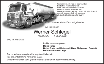 Traueranzeige von Werner Schlegel von Frankenpost