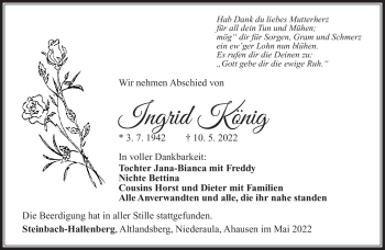 Traueranzeige von Ingrid König von Südthüringer Presse