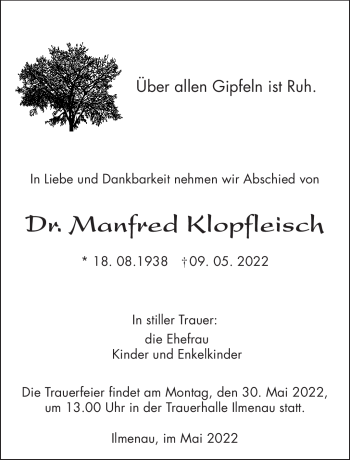 Traueranzeige von Manfred Klopfleisch von Südthüringer Presse