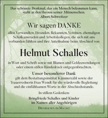 Traueranzeige von Helmut Schalles von Südthüringer Presse