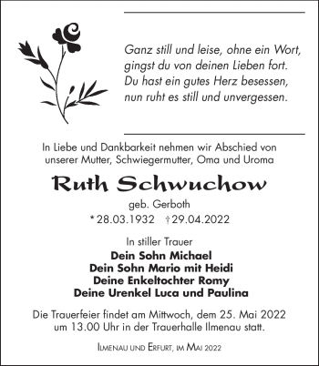 Traueranzeige von Ruth Schwuchow von Südthüringer Presse