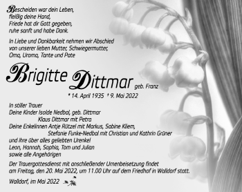 Traueranzeige von Brigitte Dittmar von Südthüringer Presse