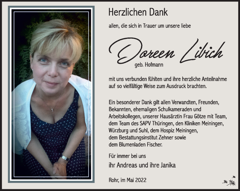  Traueranzeige für Doreen Libich vom 14.05.2022 aus Südthüringer Presse