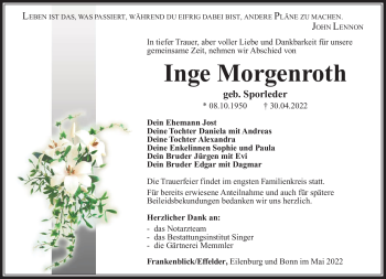 Traueranzeige von Inge Morgenroth von Südthüringer Presse
