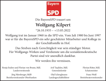 Traueranzeige von Wolfgang Kilpert von Frankenpost
